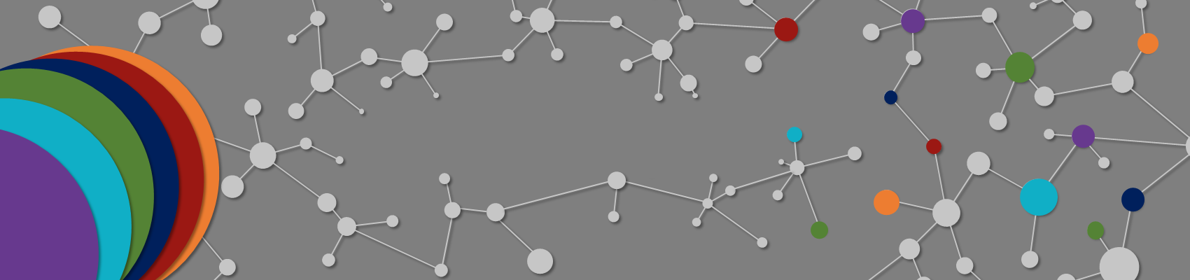 una rete stilizzata di atomi grigi con alcune parti colorate